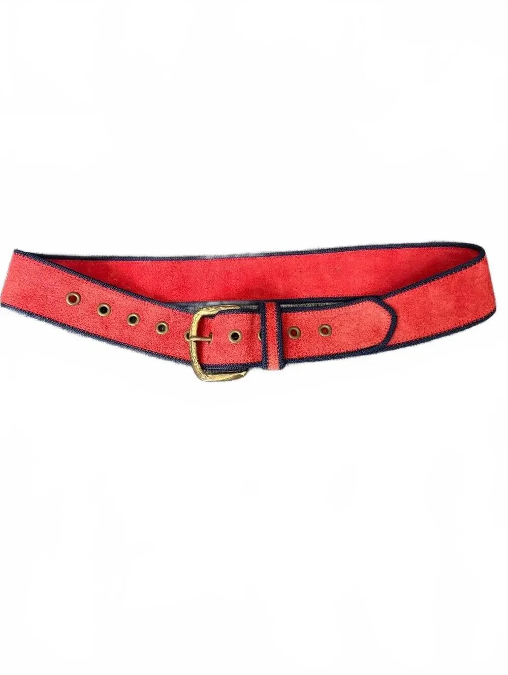 Vintage Red Suede Leather Belt Navy Trim Brass Buckle Adjustable Made in USA